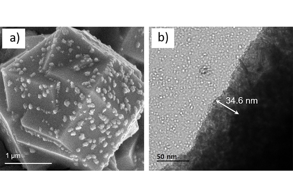 전기화학적 산소 발생 반응 촉매인 '니켈-텅스텐질화물'/'니켈-산화철수산화물' 이종접합 물질의 a) 주사전자현미경 사진, b) 투과전자현미경 사진. (사진=지스트)