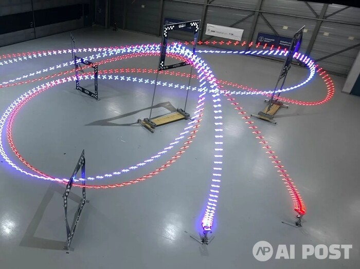 파란색이 AI 드론 경로, 빨간색이 인간 드론 경로. (사진=스위스 취리히 대학교)