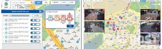 송파구 재난안전상황실 밀집도 위험단계별 관리(좌), 주변 5곳 영상 자동표출(우). (사진=서울시)