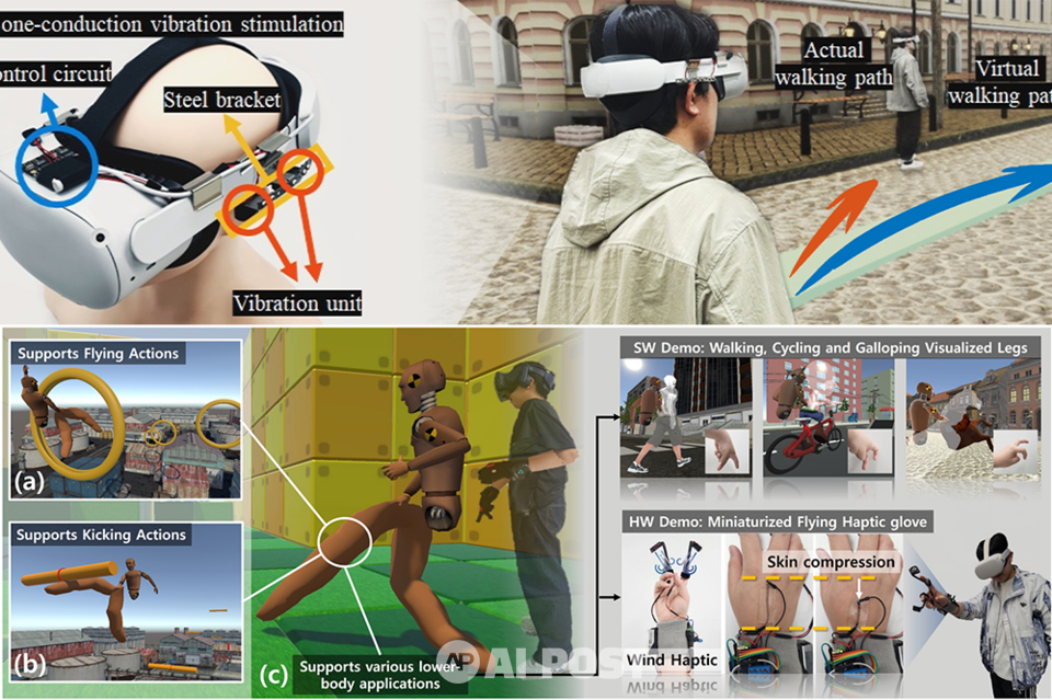 골전도 진동을 통한 가상현실 방향전환 보행 인터페이스(위)와 손가락 고유수용감각 전이를 통한 가상현실 보행 인터페이스(아래). (사진=지스트)