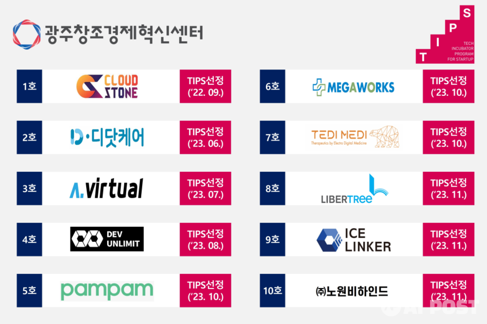 광주창조경제혁신센터 TIPS 선정기업 현황. (사진=광주창조경제혁신센터)