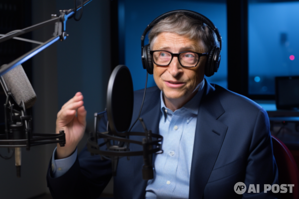 빌 게이츠가 라디오 인터뷰를 진행 중이다. (사진=미드저니)