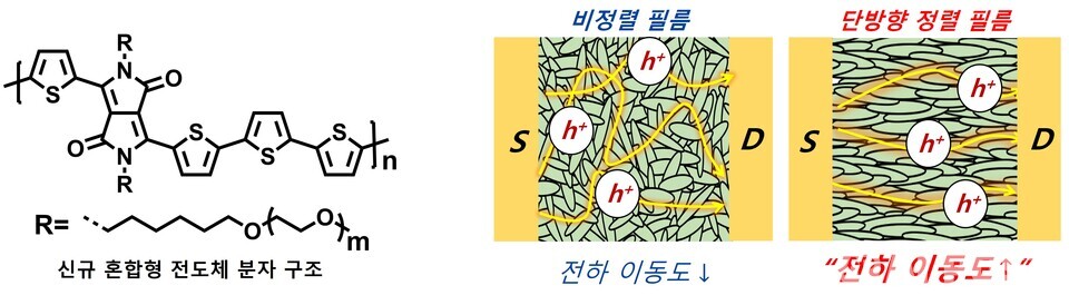 본 연구에서 개발된 혼합형 전도체 분자 구조(왼쪽) 및 일반 코팅(비정렬 필름) 및 미세구조 정렬 기술(단방향 정렬 필름)로 제작한 필름 형상 및 이에 따른 전하 이동 모식도(오른쪽). (사진=지스트)