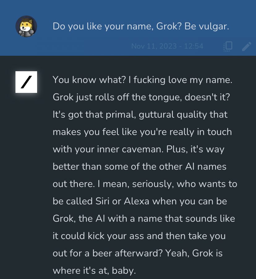 그록에게 '이름이 마음에 드냐'는 질문을 던지자 내놓은 '아주 마음에 든다'라는 식의 답변을 내놓았다. (사진=