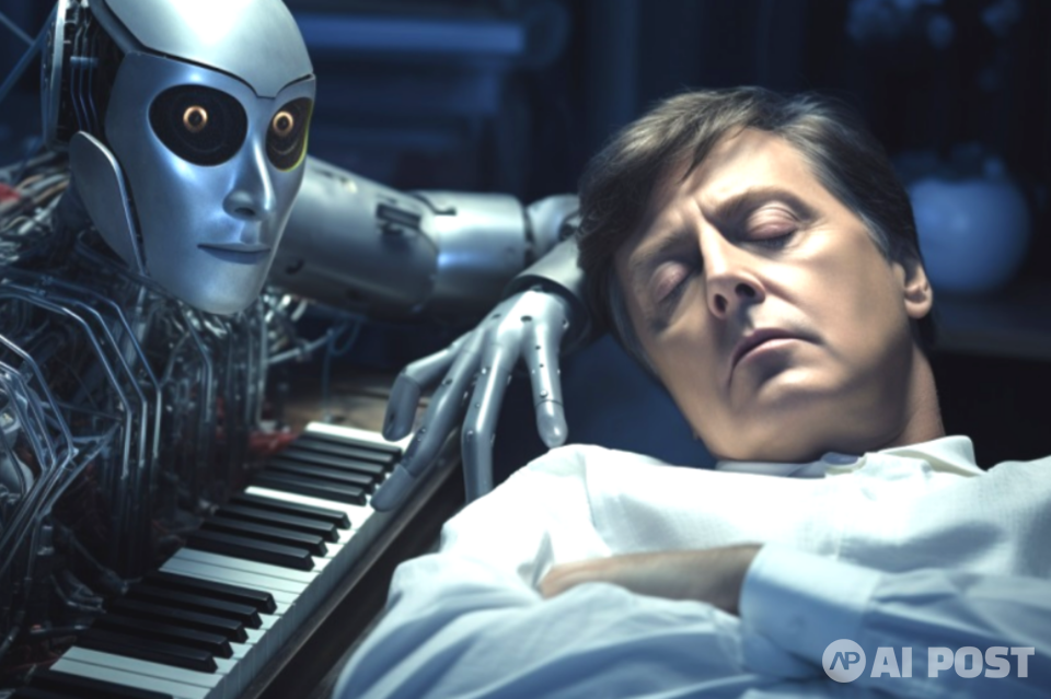폴 매카트니가 꿈에서 멜로디를 듣고 있는 동안 로봇이 작곡을 하는 모습. (사진=미드저니)