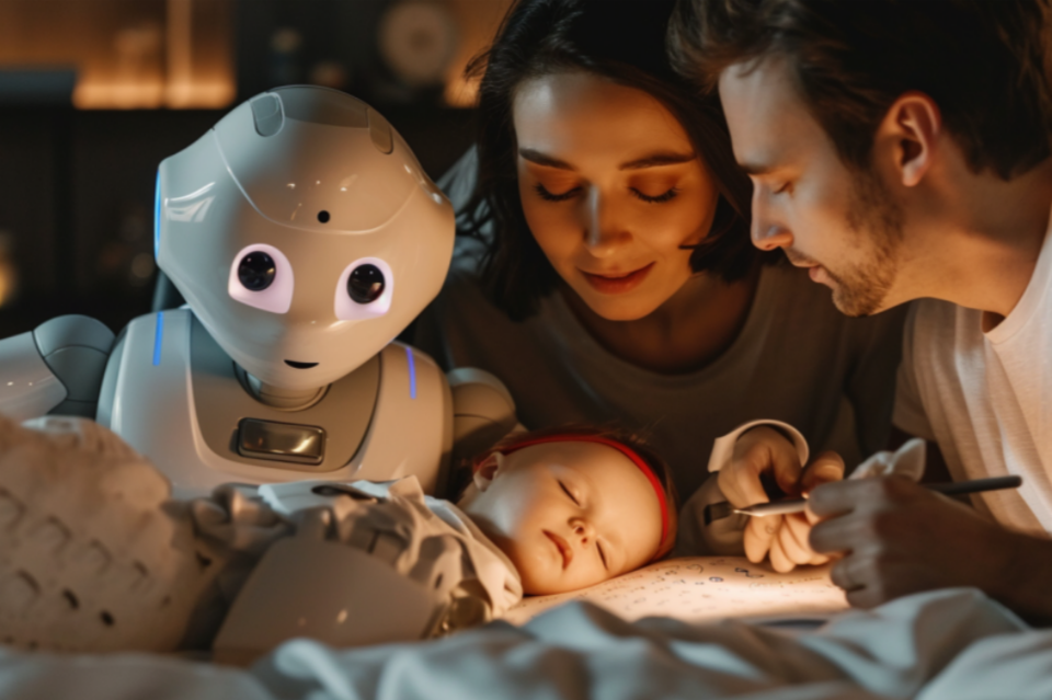 AI가 만든 이야기를 아이에게 들려주는 부모들. (사진=미드저니)