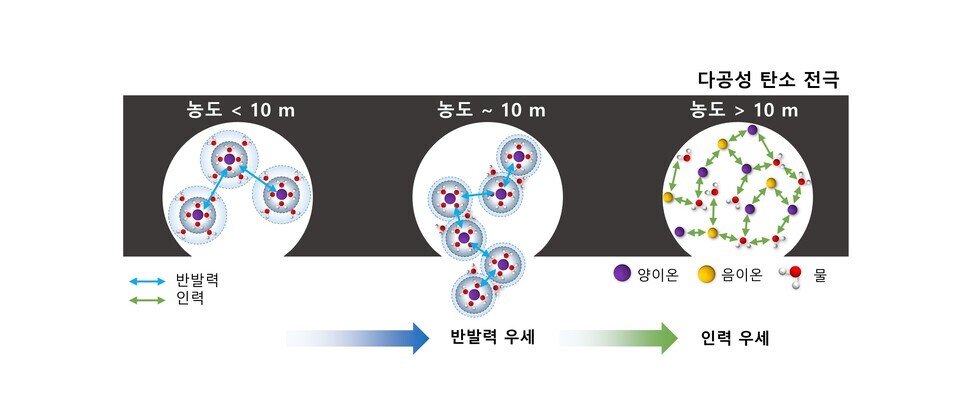 농도에 따른 이온-이온간, 이온-물분자간 물리화학적 상호작용을 분석하고 이를 토대로 다공성 탄소 전극 표면에서의 이온의 흡탈착 거동 밝혀. (사진=지스트)