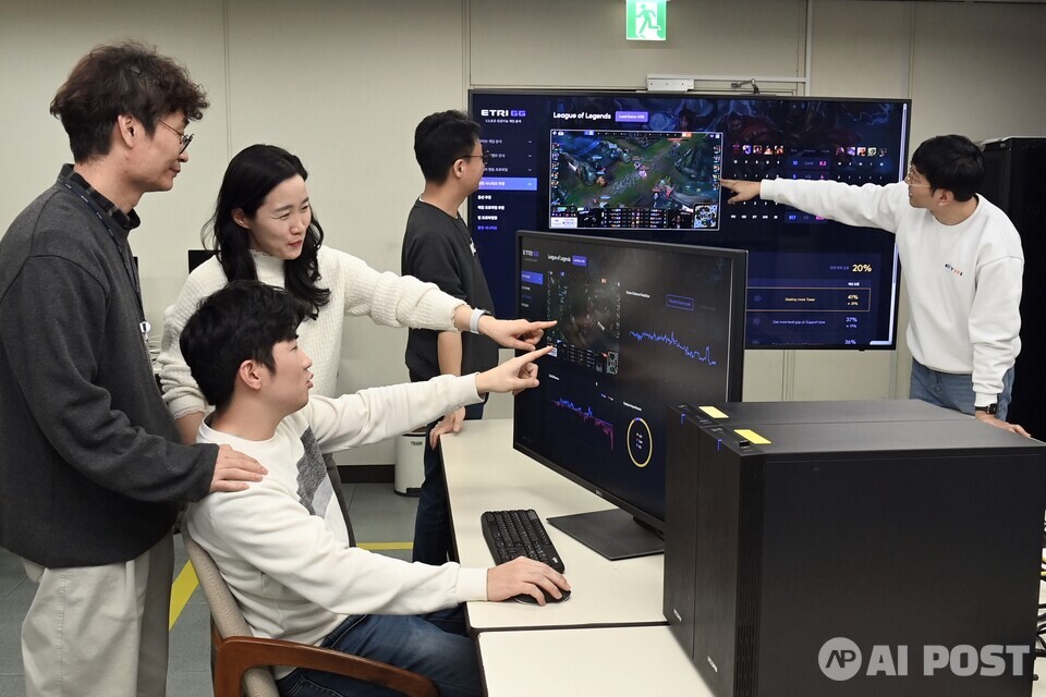 ETRI연구진이 AI기반 이스포츠 분석 플랫폼에 관하여 논의하는 모습. (사진=한국전자통신연구원)