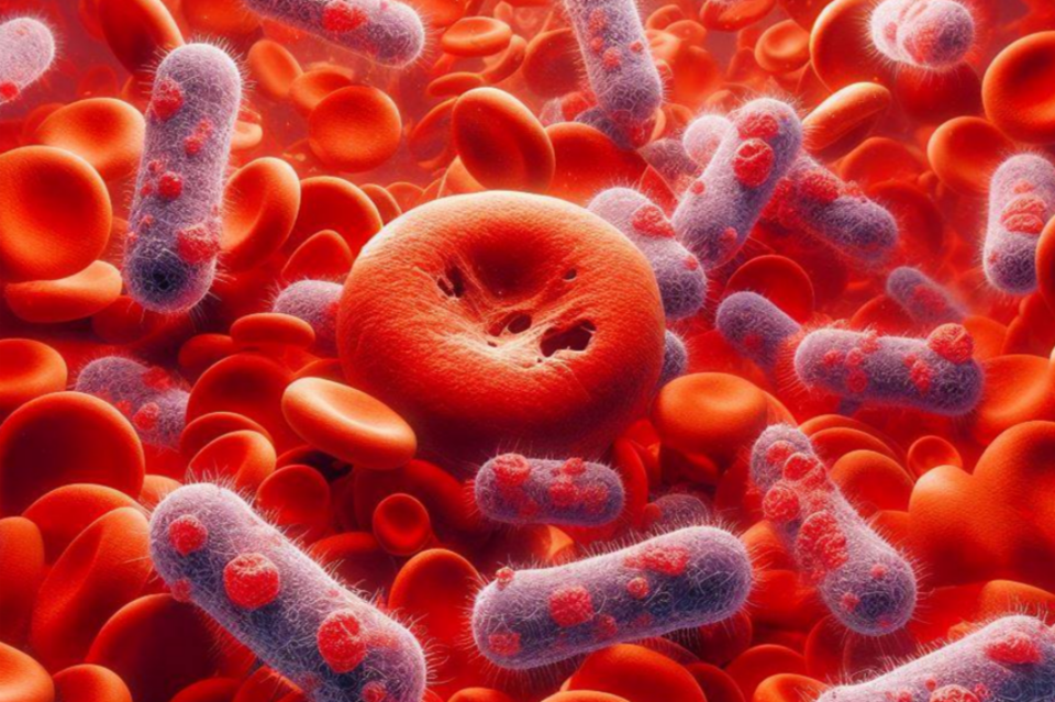 적혈구(붉은색)을 덮은 패혈증 박테리아. (사진=달리 3)