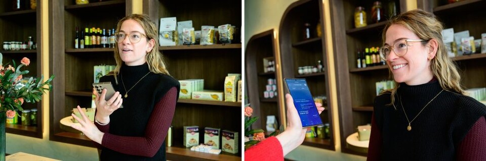 새너제이의 ‘R’ 레스토랑 직원 ‘드리아나 카르다렐리(Drianna Cardarelli)’(좌), 삼성전자 뉴스룸 에디터가 갤럭시 S24 울트라의 실시간 통역 기능을 설명해주는 모습(우). (사진=삼성전자 뉴스룸)