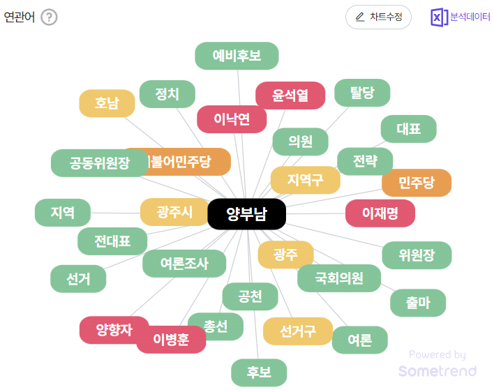 SNS, 포털상 양부남 예비후보의 연관어. (사진=썸트렌드)