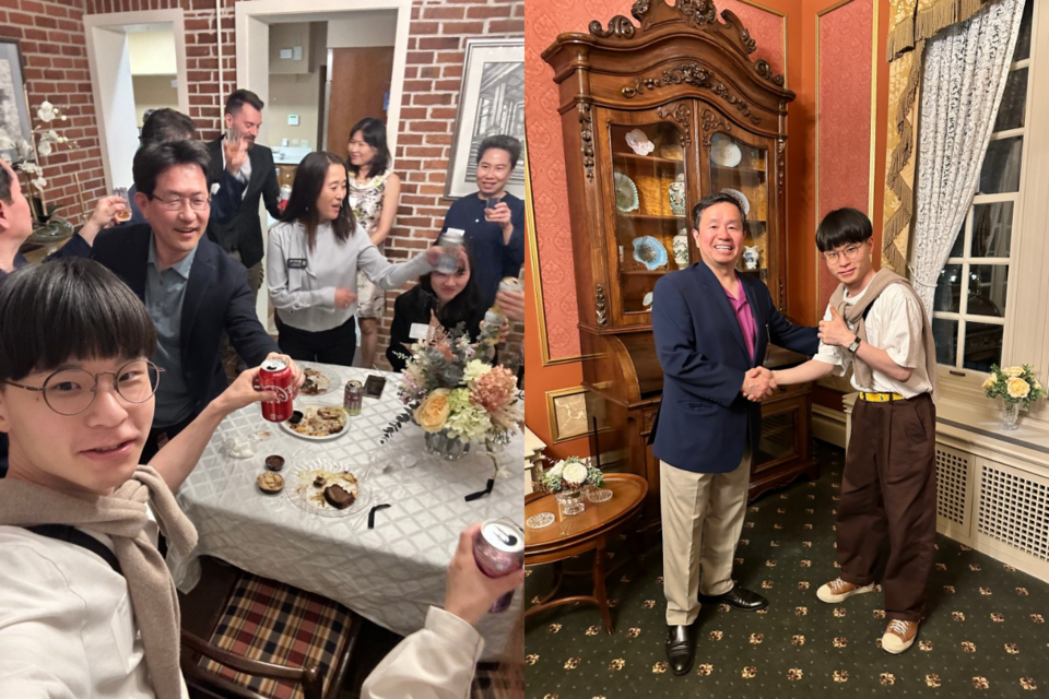 미주리대학교 한국인 교수들(왼쪽). 미주리대학교 총장과의 기념사진(오른쪽). (사진=지식인미나니)