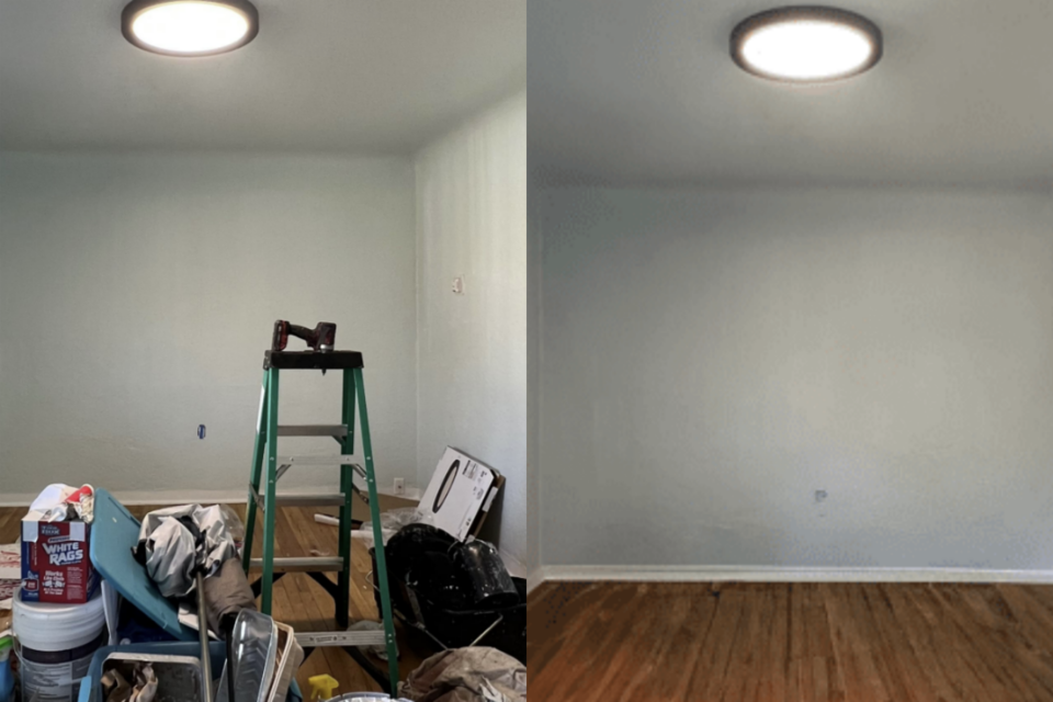 잡동사니가 쌓여 있는 집 사진(왼쪽)과 AI가 잡동사니를 지워낸 사진. (사진=버추얼 스테이징 AI)