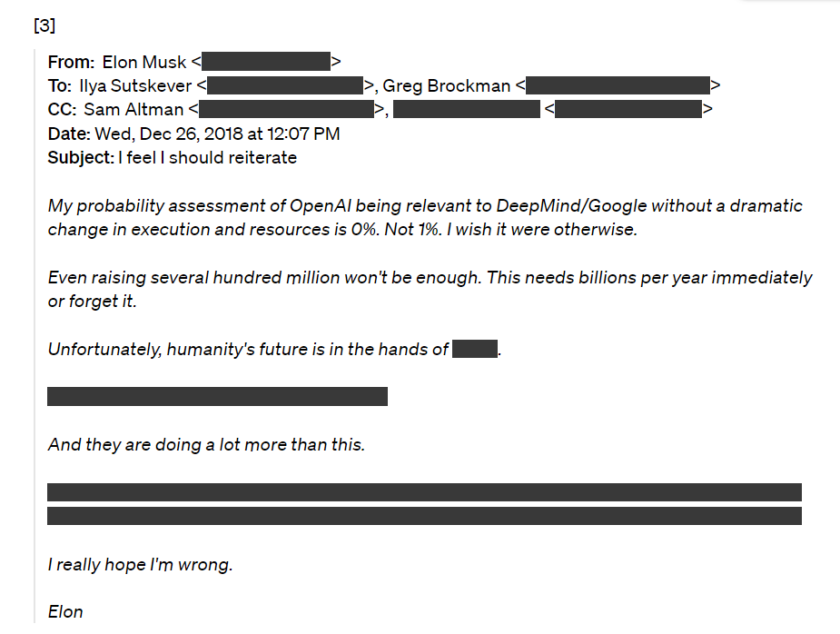 수십억 달러의 펀딩을 해야 한다는 일론 머스크의 주장이 담긴 이메일. (사진=오픈AI 블로그)