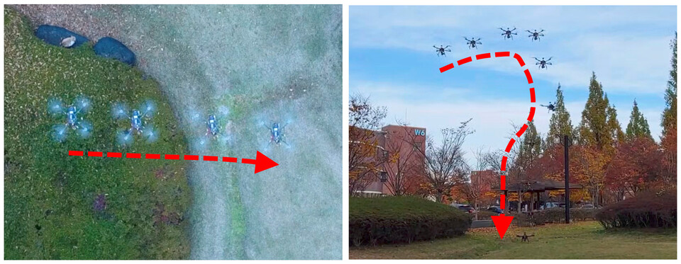 드론이 덤불 근처에서 자동으로 안전한 장소를 찾아 착륙. (사진=지스트)