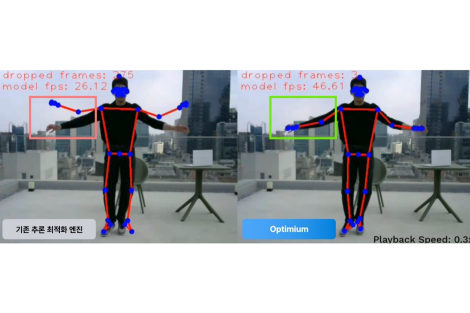 MediaPipe 모델을 각각 기존 추론 최적화 엔진과 에너자이의 Optimium을 통해 배포해 구동한 결과 비교. (사진=에너자이)