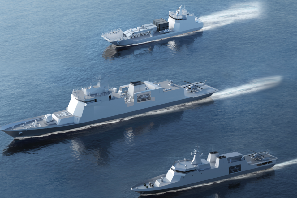 HD현대중공업이 페루로부터 수주한 3400톤급 호위함(가운데), 2200톤급 원해경비함(아래), 1500톤급 상륙함(위)의 조감도. (사진=HD현대중공업)