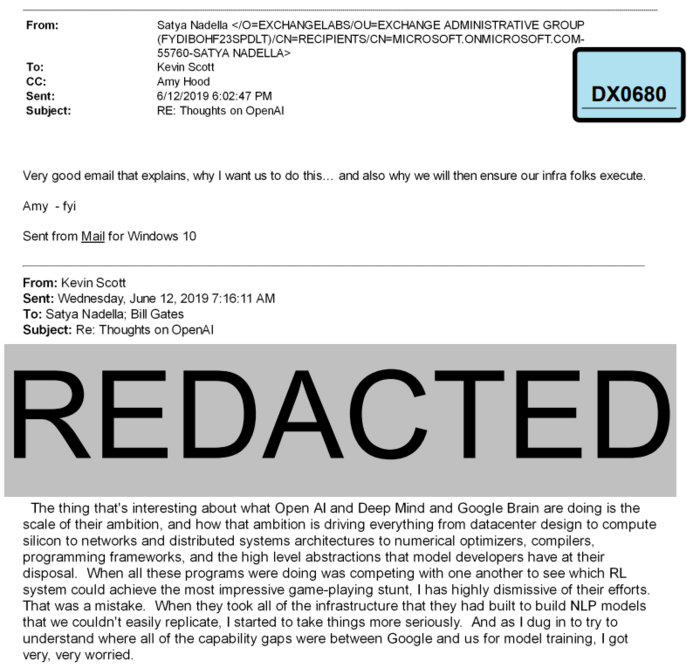구글 반독점 재판에서 공개된 케빈 스콧 CTO가 사티아 나델라 CEO에게 보낸 이메일. (사진=미국 법무부)