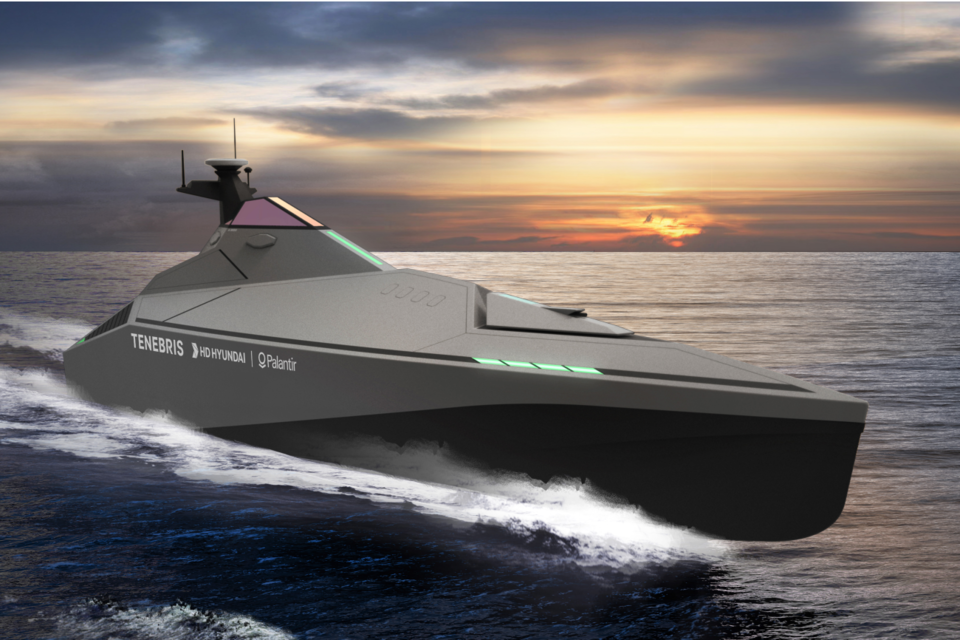 HD현대와 팔란티어가 공동개발 중인 무인수상정(USV) ‘테네브리스’의 조감도. (사진=HD현대)