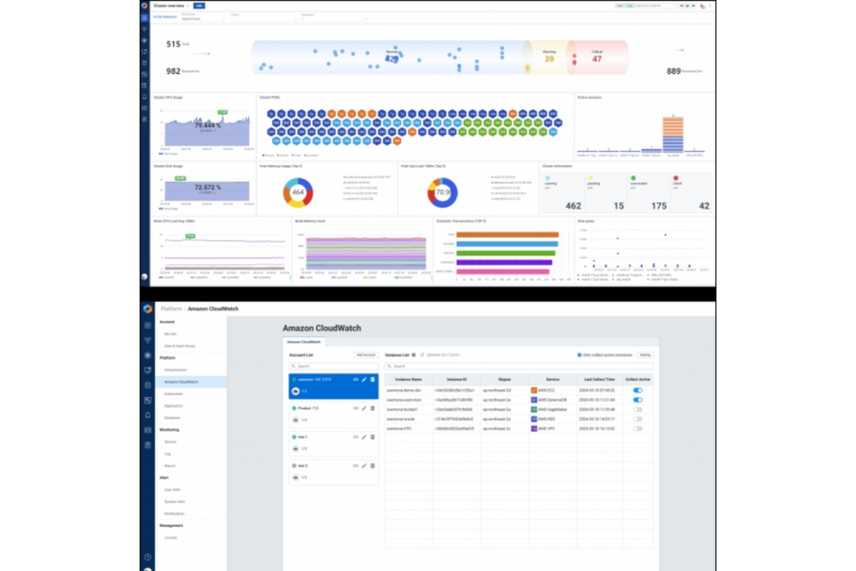 엑셈원의 통합 플렉시블 대시보드 화면(위쪽)과 아마존 클라우드워치 연동 화면(아래쪽). (사진=엑셈)