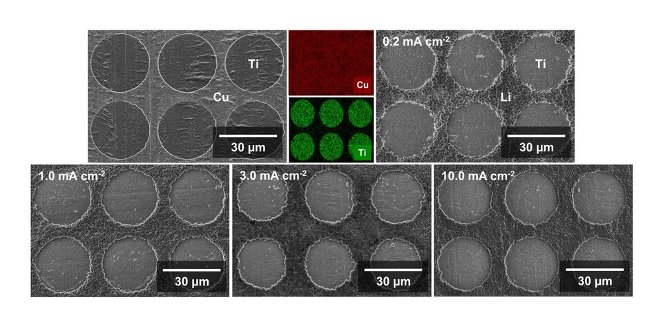 석출 위치가 조절된 리튬 금속의 전자현미경 사진. (사진=지스트)