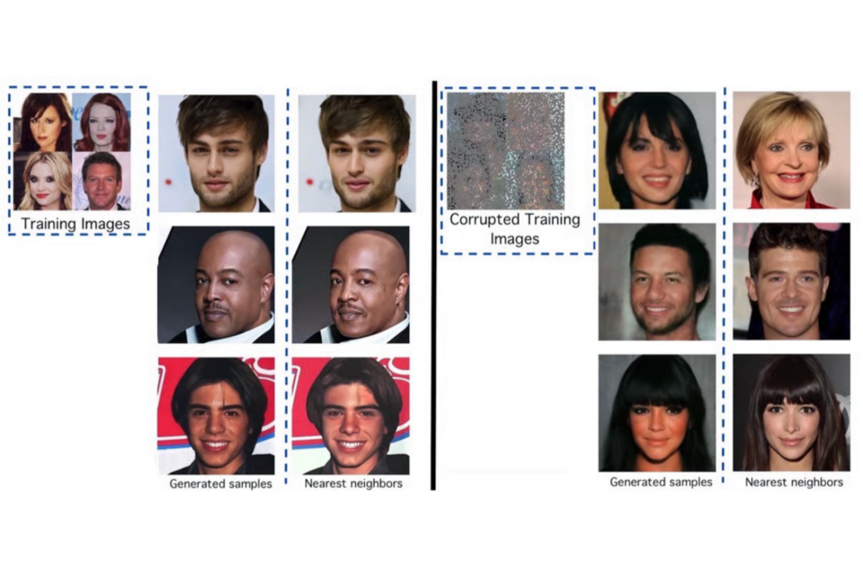 깨끗한 사진으로 학습한 AI 모델은 원본과 비슷한 사진을 생성해 낸 반면 손상된 사진으로 학습한 AI 모델은 원본과 다른 사진을 그려낸다. (사진=텍사스오스틴대 연구팀)