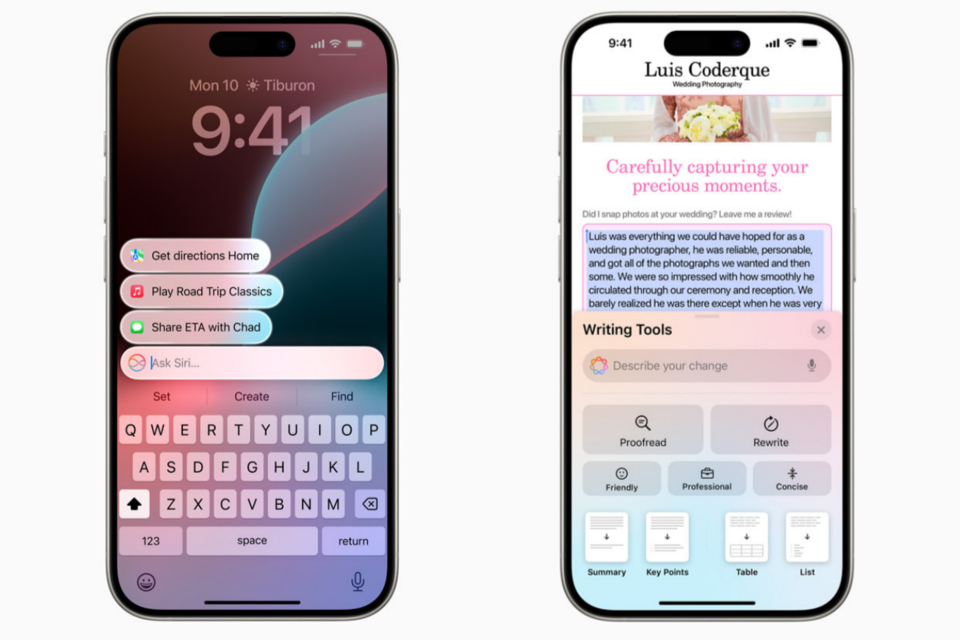 업데이트된 시리 기능과 AI 글쓰기 기능. (사진=애플)