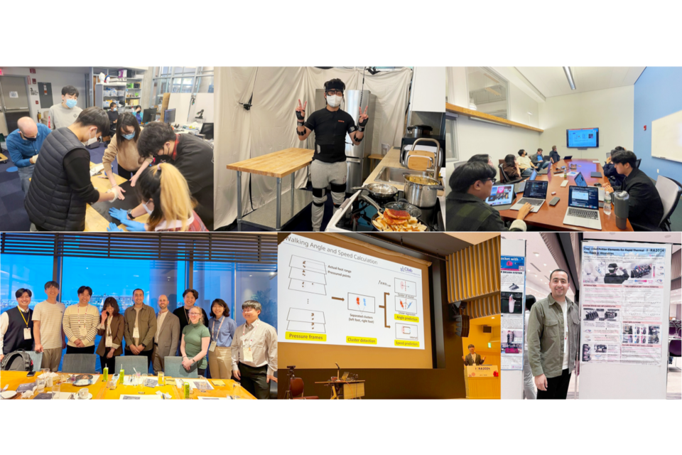 왼쪽 상단부터 2021년 MIT 방문 시 촉각 센서 제작 작업, 2022년 멀티모달 기반 웨어러블 센서 데이터 세트 수집, 2023년 공동연구 논의 장면. 왼쪽 하단부터 GIST-MIT 협력 연구팀 사진, GIST 연구진의 초청강연(invited talks) 프레젠테이션 사진, GIST 연구진 포스터 세션 발표 사진. (사진=지스트)