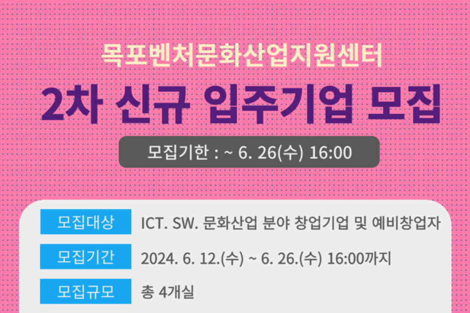 목포벤처 2차 신규입주기업 모집 포스터. (사진=전남정보문화산업진흥원)