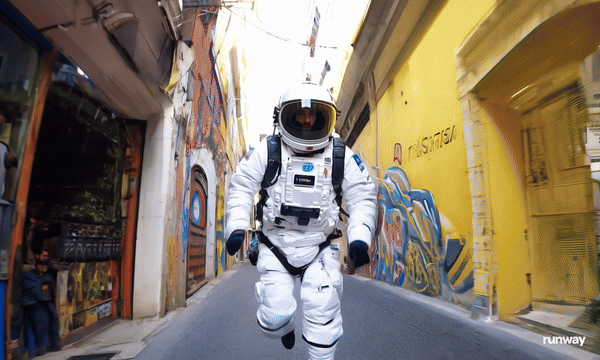 '리우데자네이루의 골목을 달리는 우주비행사'라는 프롬프트로 제작된 영상. (그래픽=런웨이)
