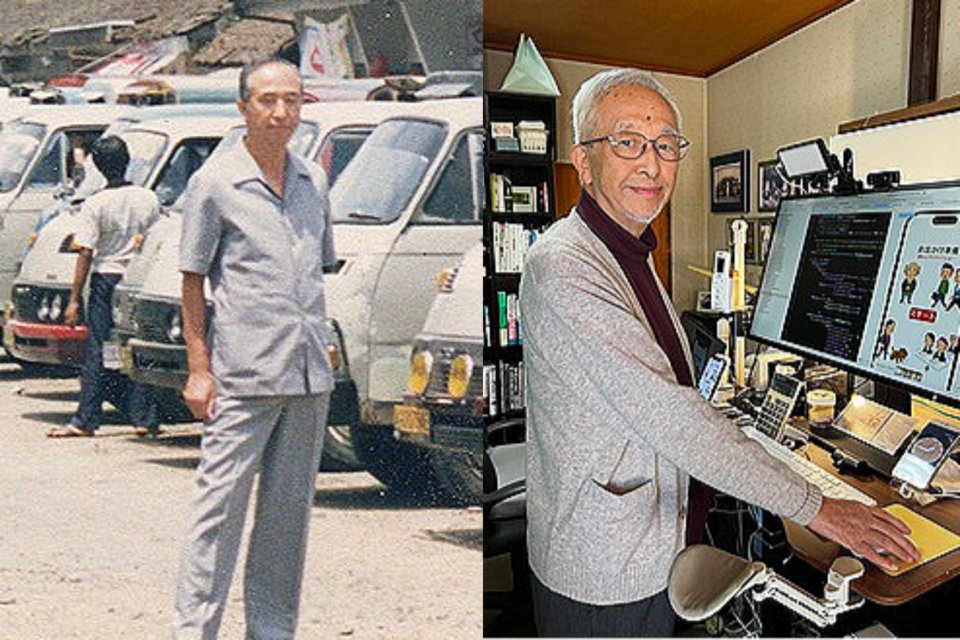 토미지 스즈키씨가 무역회사를 근무하던 시절 찍은 사진(왼쪽)과 앱 개발을 하고 있는 현재의 모습. (사진=토미지 스즈키 개인 홈페이지) 