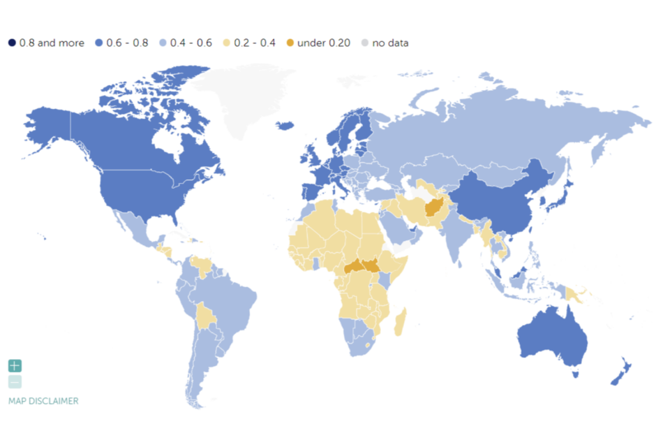 IMF가 발표한 AI 대비 지수. 색깔이 진할수록 준비를 잘하는 국가에 가깝다. (사진=IMF)