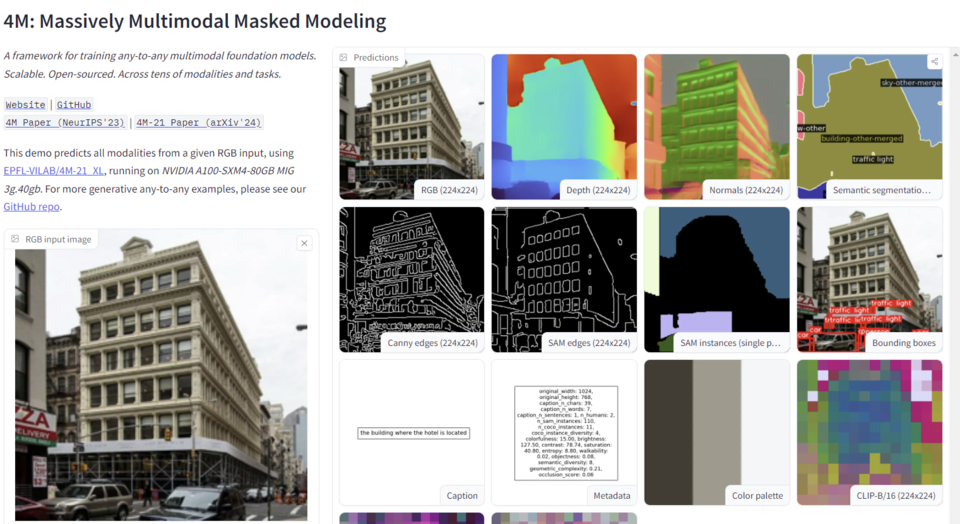 애플이 공개한 멀티모달 AI '4M'을 활용해 마스킹한 건물 사진. (이미지=허깅페이스)