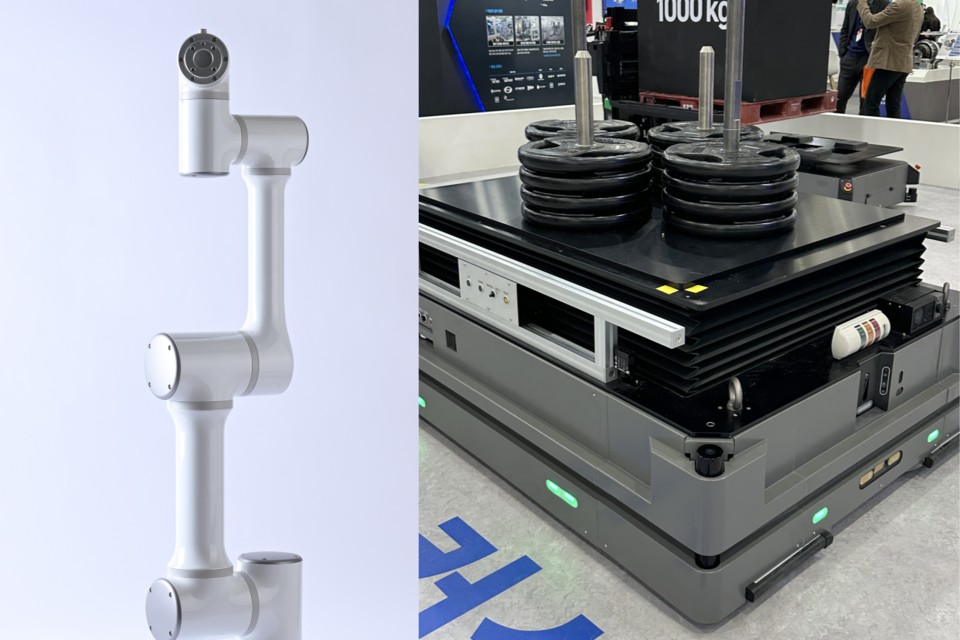 하이젠알앤엠의 ARES가 적용된 LG의 로봇모델(왼쪽)과 유진로봇의 고카트 AMR 모델. (사진=한국로봇산업협회)