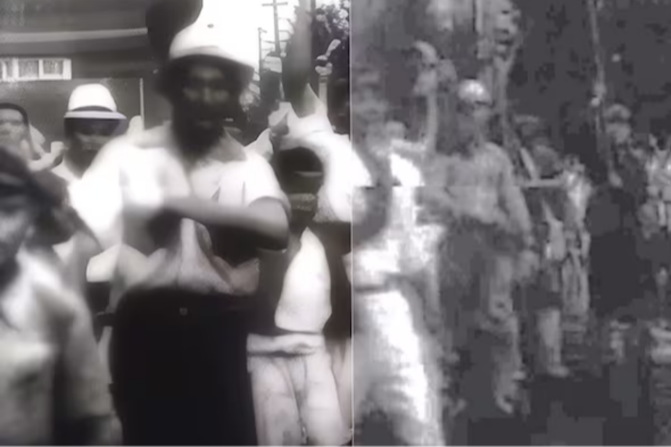 SKT의 AI 미디어 복원 솔루션 ‘슈퍼노바’를 이용해 품질을 개선한 광복 당시 영상(왼쪽)과 원본 영상. (사진=SK텔레콤)