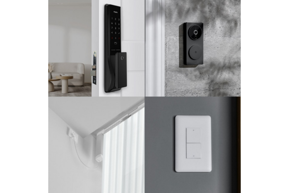 아카라라이프에서 토탈 설치 서비스를 제공하는 품목. 왼쪽 윗줄부터 시계 방향으로 스마트 도어락, 스마트 비디오 도어벨, 스마트 조명 스위치, 스마트 커튼. (사진=아카라라이프)