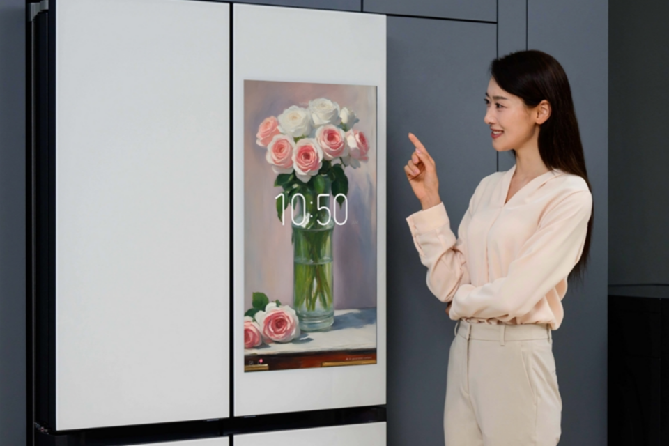 삼성전자 모델이 ‘비스포크 AI 패밀리허브’ 냉장고의 ‘생성형 배경 화면’을 소개하고 있다. (사진=삼성전자)
