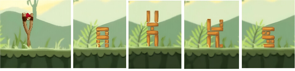 대규모 언어 모델을 통해 생성된 알파벳 모양의 앵그리버드 게임 레벨. 물리적으로 안정성있는 건축물을 생성하기 위해 적절한 여러 모양의 블럭을 조합. (사진=지스트)