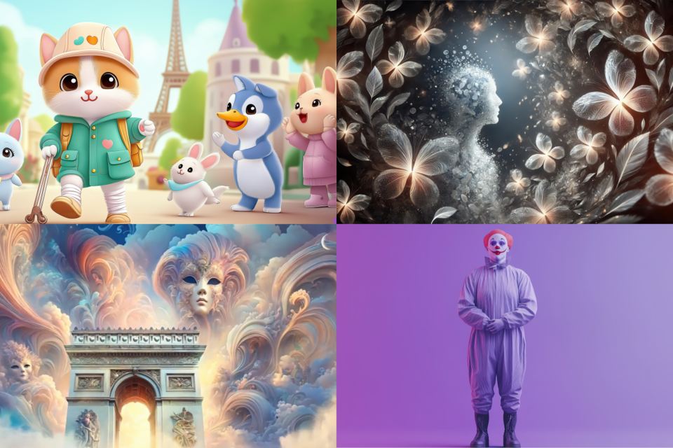 한국AI작가협회 아티스트들의 작품. 왼쪽 상단부터 시계방향으로 김예은, 변아롱, 김동현, 김상래 작가의 작품. (사진=한국AI작가협회)