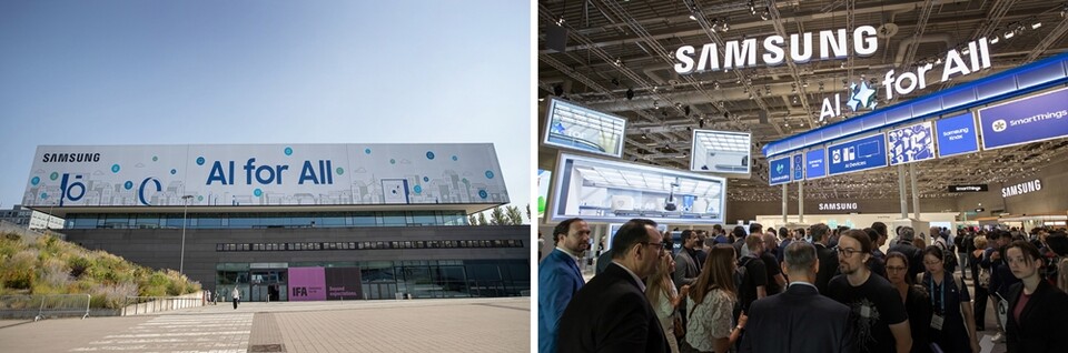 독일 베를린 ‘메세 베를린(Messe Berlin)’에서 열리는 유럽 최대 가전전시회 ‘IFA 2024’에서 삼성전자 전시장이 마련된 ‘시티큐브 베를린(City Cube Berlin)’ 전경(좌)과 삼성전자 전시관을 찾은 관람객의 모습(우). (사진=삼성전자)