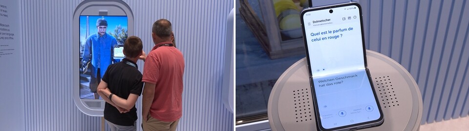 상대방은 커버 스크린을 보고, 사용자는 메인 스크린을 보며 서로 다른 언어로 대화하는 갤럭시 AI 실시간 통역(Interpreter) 기능을 체험하는 모습. (사진=삼성전자)