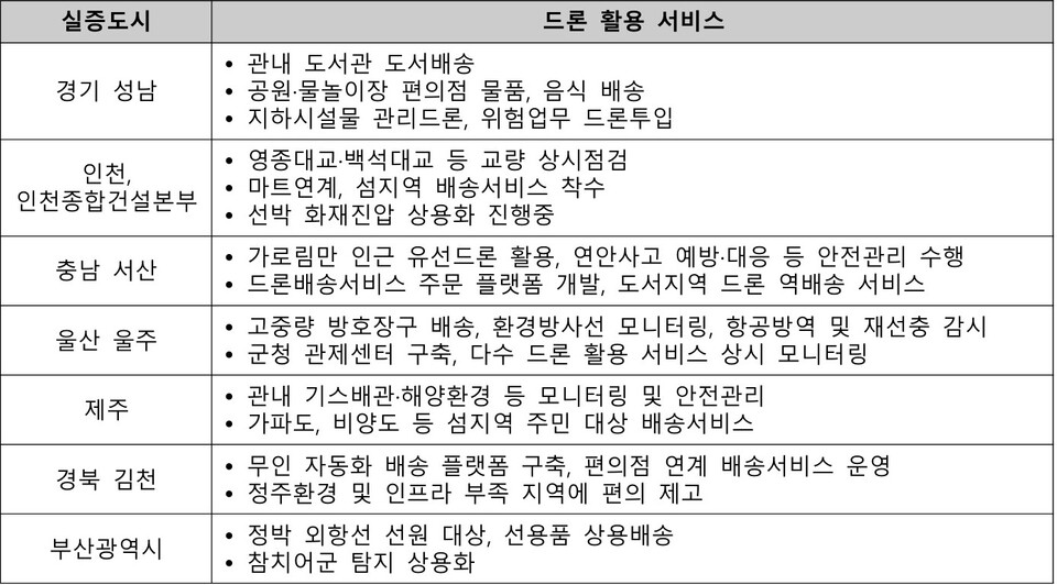 드론 실증도시 구축사업 성과(실증도시별 드론 활용 서비스 표). (사진=항공안전기술원)