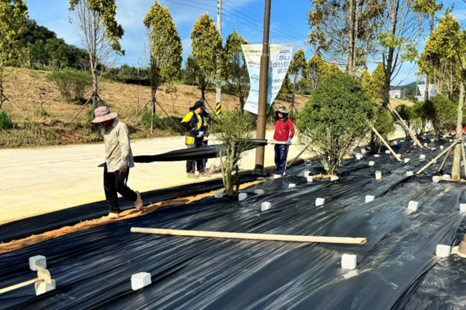 작업자들이 영산강 일대에서 정원 조성을 위해 에버켐텍의 TPS 멀칭필름 작업 중이다. (사진=에버켐텍)