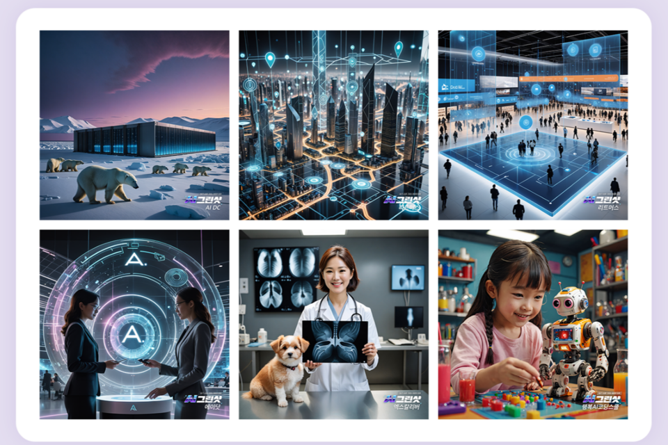 AI 그린샷 이벤트를 통해 생성한 이미지 예시. 북극에 건설된 AI DC, 에이닷을 활용한 통역, 엑스칼리버로 반려동물을 진료하는 모습, 행복 AI 코딩스쿨로 교육을 받는 어린이 등 서비스별 특성이 담겼다. (사진=SKT)