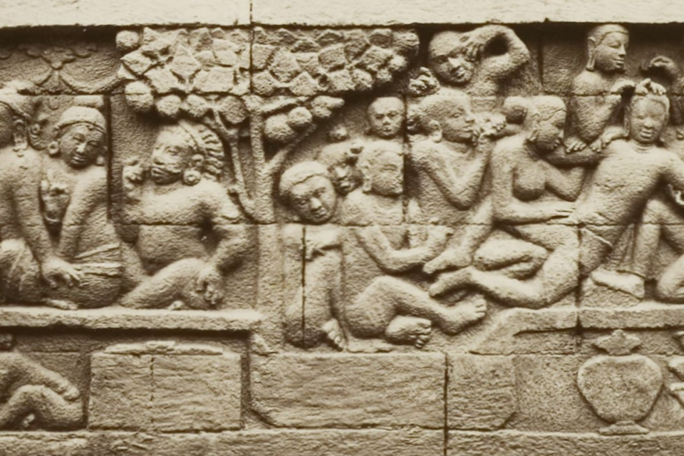 134년 전에 찍힌 보로부두르 사원의 한 부조물 사진. (사진=일본 리쓰메이칸대)