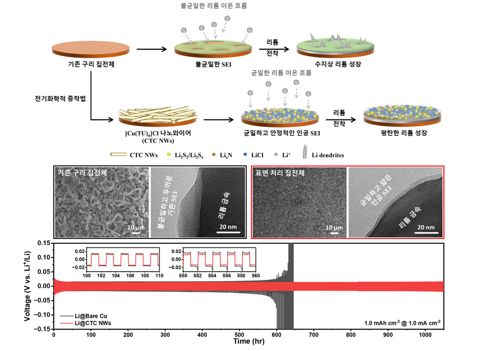 전기화학적 증착법을 활용한 다중 무기 SEI 층 여부에 따른 계면 특성 및 대칭 셀 성능 비교. (사진=지스트)