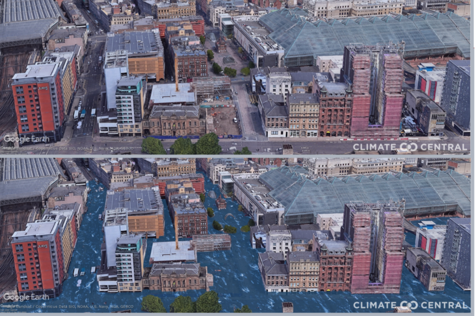 일본 후쿠오카에 위치한 도초지 사원(위) 모습과 지구 온도가 산업화 대비 3도(오른쪽) 올랐을 때 모습. (사진=Climate Central)