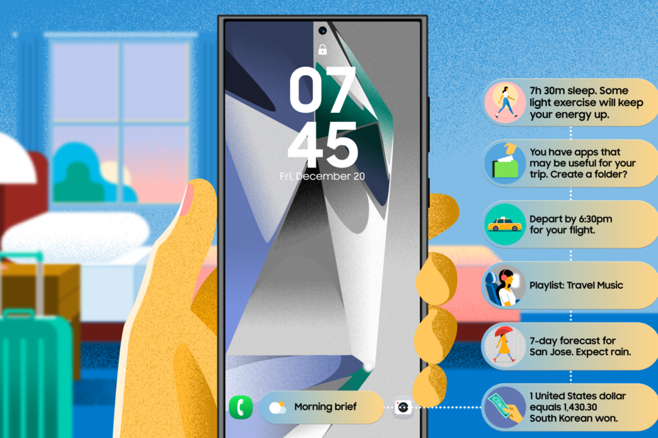 새로운 갤럭시 S 시리즈에서 ‘나우바(Now Bar)’ 기능을 활용해 제공할 개인화된 AI 경험 예시. (사진=삼성전자)