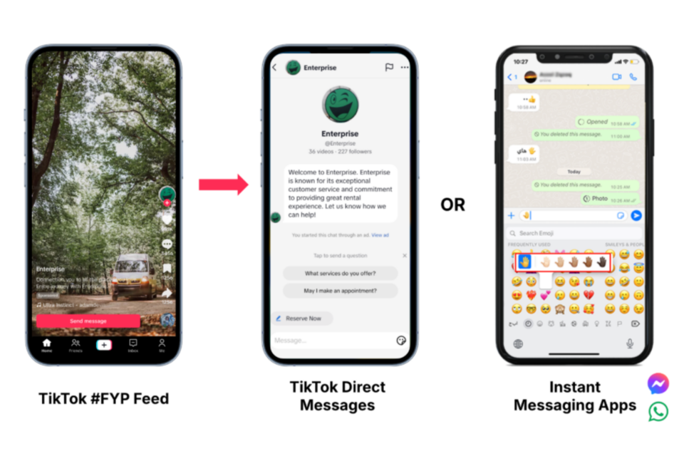 틱톡의 메시지 광고는 앱 내에서 직접 소통이 가능한 다이렉트 메시지 광고와 타사 메시지 플랫폼으로 연결해 대화를 이어갈 수 있는 인스턴트 메시지 광고로 구성된다. (사진=틱톡)