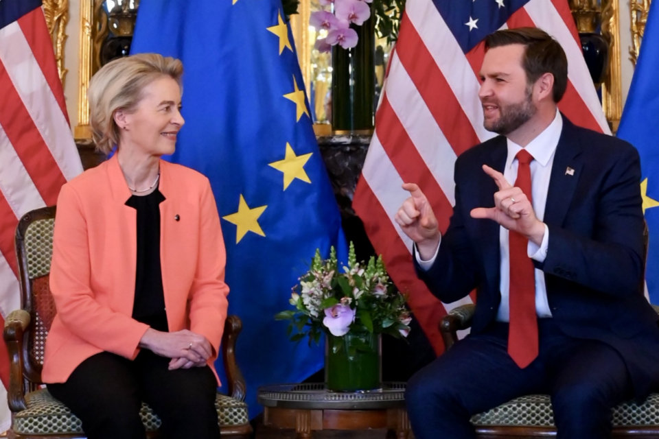 우르줄라 폰데어라이엔 EU 집행위원장과 JD 밴스 미국 부통령 . (사진=X)
